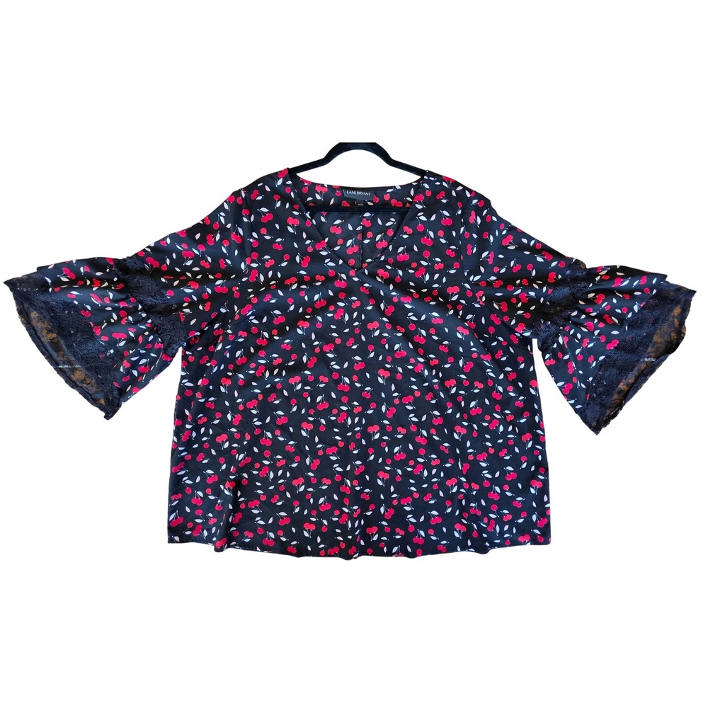 Lane Bryant Cherry Print Lace Bell Sleeve Blouse Plus Size 22/24 Boho Twee Fruit